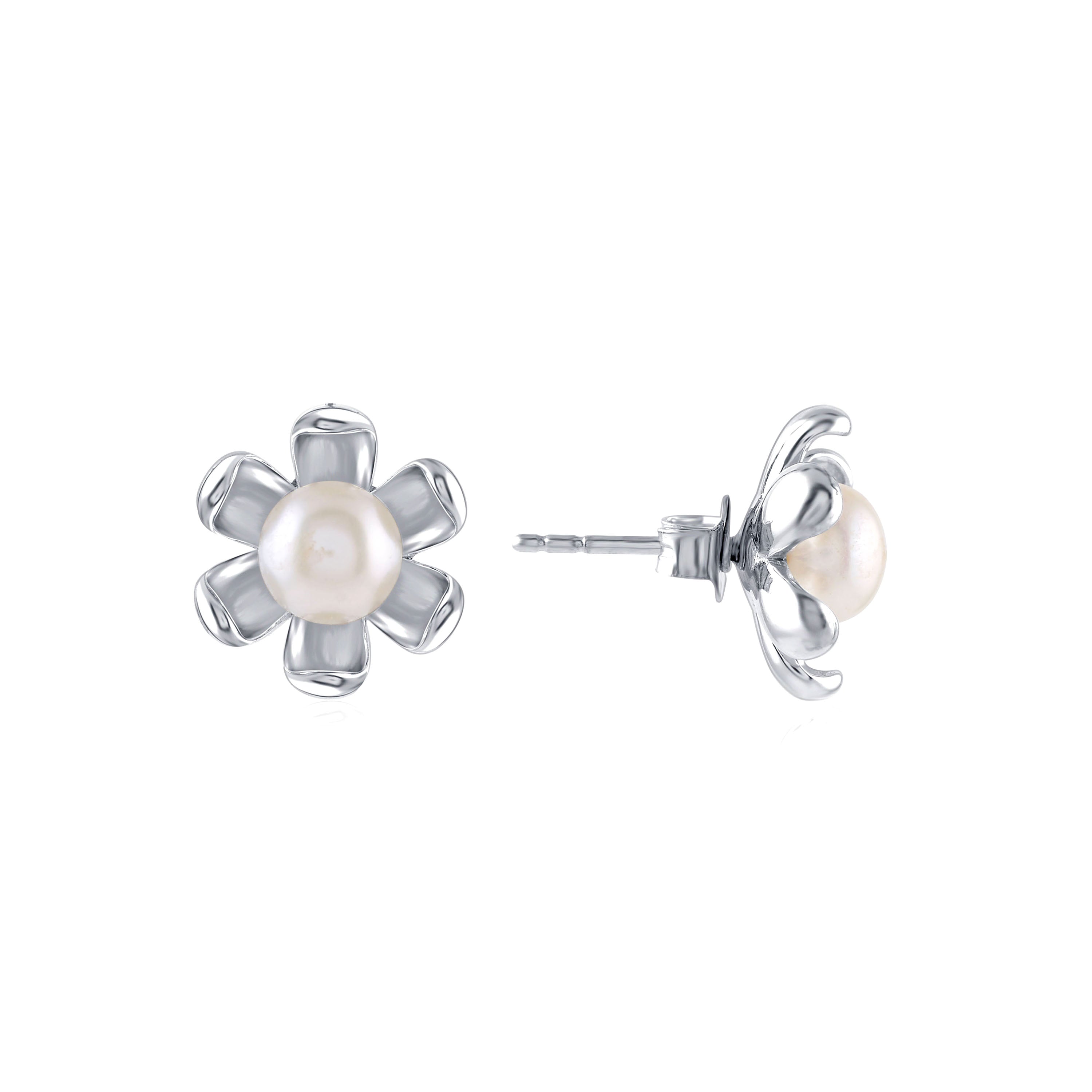 Stunning Silver Floral Pearls Studs Earrings - Krishna Jewellers Pearls and Gems